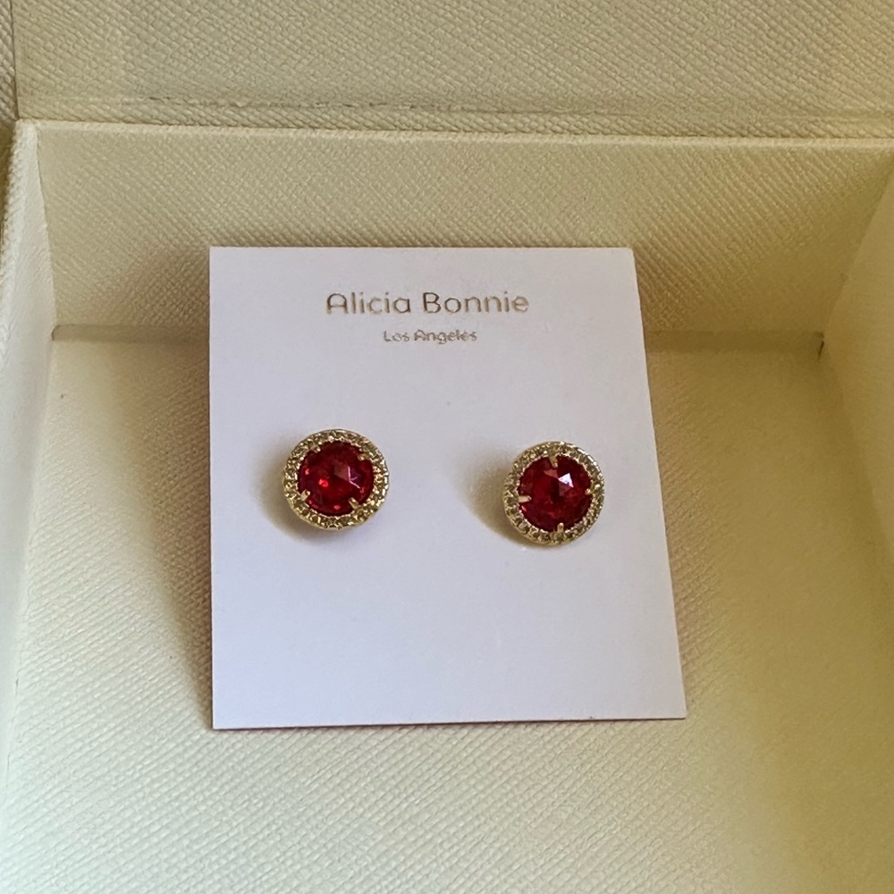 Alicia Bonnie Gold Ruby CZ Stud Earrings - Picture 2 of 10